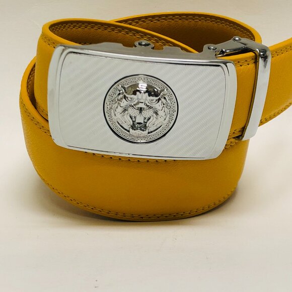 Mustard‎ Yellow Belt Men's Women Leather Ratchet Belt with Automatic Buckle Lion - Picture 2 of 3